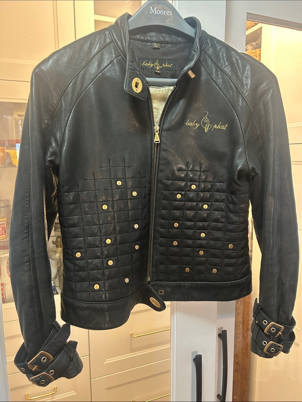 Y2K Vintage Baby Phat Black Quilted Leather Jacket with Gold Studs - Women's